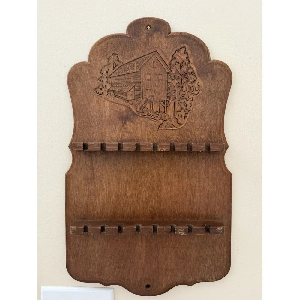 Vintage Wooden Souvenir Spoon Display Rack Wall Mounted Farmhouse 16 Slots